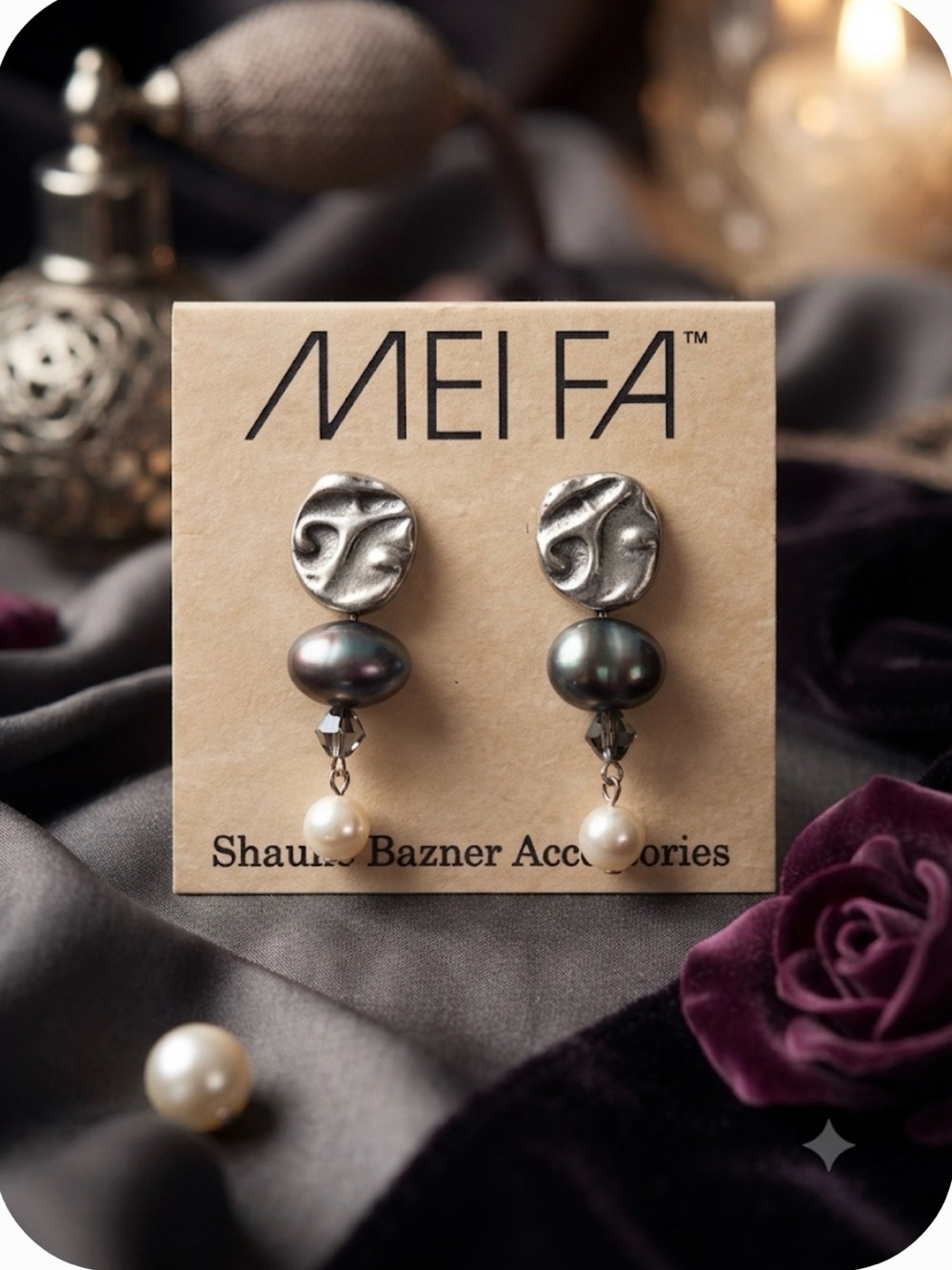 Mei Fa by Shaune Bazner textured metal and grey-and-white pearls